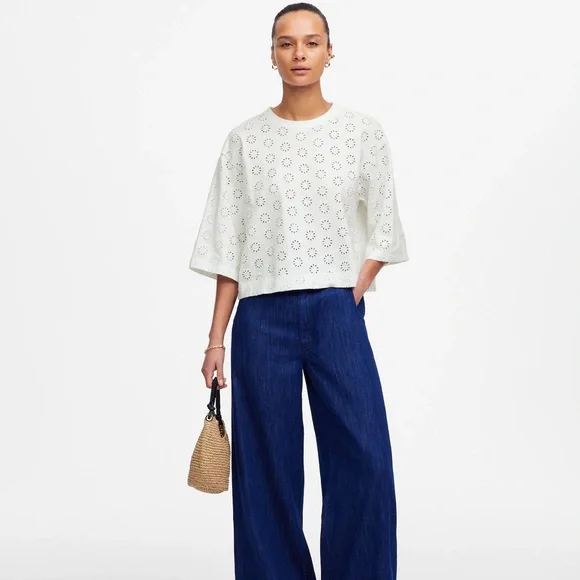 New - Madewell White Embroidered Wide-Sleeve Boxy Tee - Picture 3 of 8